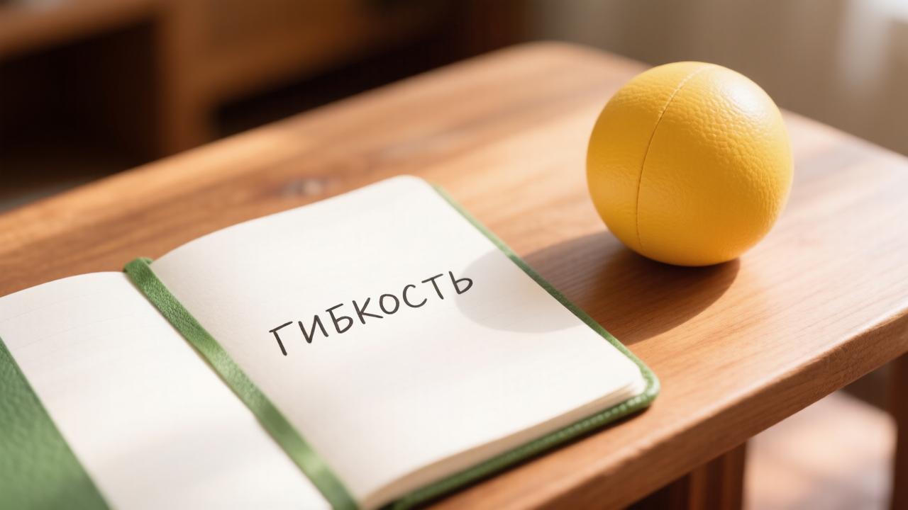 Ежедневник с надписью «Гибкость» и резиновый мяч — иллюстрация к совету дня о необходимости подстраиваться под обстоятельства.